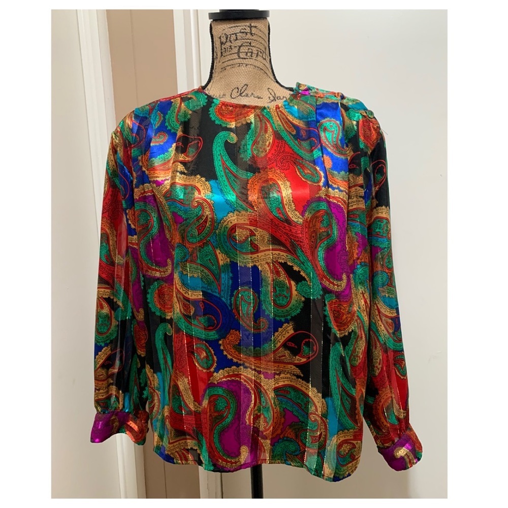 Vintage Tess Colorful Long Sleeve Pleated Blouse 8